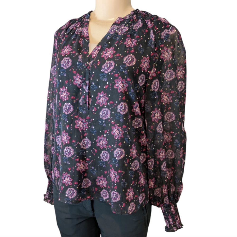 Koko+Mason Black Pink Lotus Flower Gold Dot Flowy Sheer Sleeves V-Neck Top Small